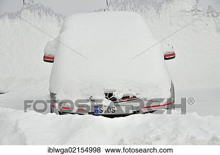 Stock Photo - Car covered in snow, Stuttgart, Baden-Wuerttemberg, Germany, Europe, PublicGround, Europe. Fotosearch