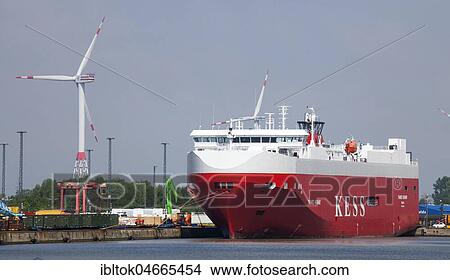 Picture - Car transport ship, car transporter, ship in port, Bremerhaven, Germany, Europe. Fotosearch