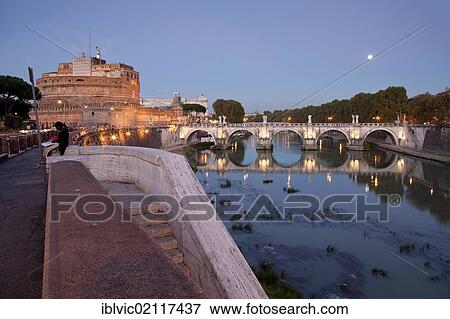 Castel Sant'Angelo and Ponte S. Angelo bridge, Tiber river, Dusk, Rome, Italy, Europe View Large Photo Image Stock Photo - Castel Sant'Angelo and Ponte S. Angelo bridge, Tiber river, Dusk, Rome, Italy, Europe. Fotosearch