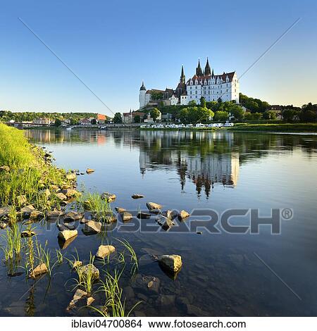 Picture - Castle hill with Cathedral and Albrechtsburg Castle is reflected in the river Elbe, Meissen, Saxony, Germany, Europe. Fotosearch