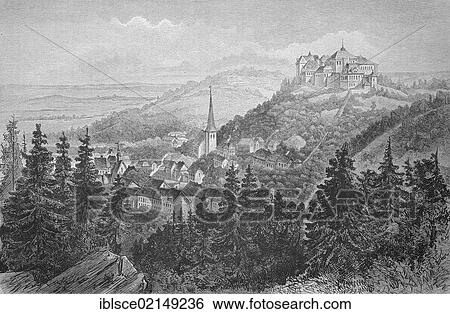 Stock Photograph - Castle with the town of Blankenburg in the Harz region, Saxony-Anhalt, Germany, historic woodcut, c. 1880, Europe. Fotosearch