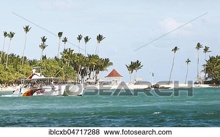 Stock Photo - Cayo Levantado, excursion boat in the bay of Samaná, province Samaná, Dominican Republic, Central America. Fotosearch