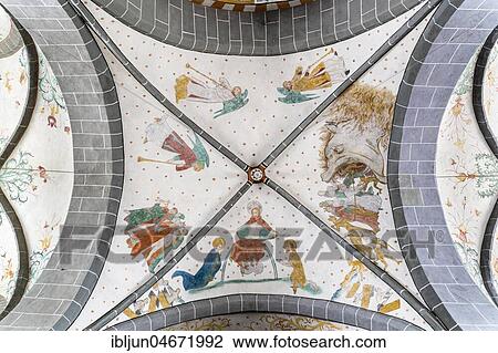 Stock Image - Ceiling painting, crossing, vaulted fresco, Last Judgement, Bunte Kerke or Bonde Kerke, Lieberhausen, Gummersbach, Bergisches Land, North Rhine-Westphalia, Germany, Europe. Fotosearch
