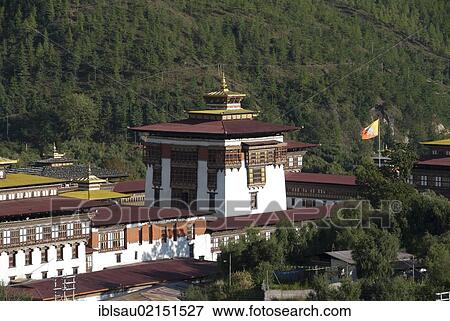 Central building of the Fortress Monastery of Trashi Chhoe Dzong, seat of government, Thimphu, capital city, Kingdom of Bhutan, South Asia, Asia View Large Photo Image Stock Photo - Central building of the Fortress Monastery of Trashi Chhoe Dzong, seat of government, Thimphu, capital city, Kingdom of Bhutan, South Asia, Asia. Fotosearch
