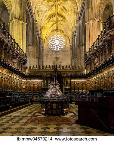 Picture - Choir room with choir stalls, Coro, Cathedral of Sevilla, Catedral de Santa María de la Sede, Sevilla, Andalusia, Spain, Europe. Fotosearch