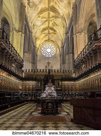 Stock Photograph - Choir room with choir stalls, Coro, Cathedral of Sevilla, Catedral de Santa María de la Sede, Sevilla, Andalusia, Spain, Europe. Fotosearch