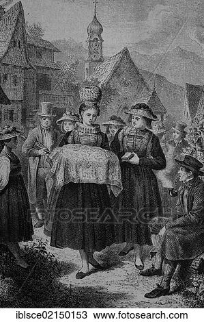 Stock Image - Christening in Gutachtal, historical woodcut, circa 1870. Fotosearch