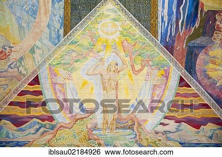 Stock Photograph - Christianity, modern, art, colourful ceiling painting by Lous Mohr "Trinity", 1938, painting of Jesus Christ inside Oslo Cathedral, Oslo Domkirke, Oslo, Norway, Scandinavia, Northern Europe, Europe. Fotosearch