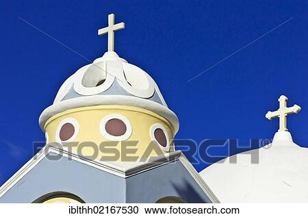 Stock Image - Church domes in Imerovigli on Santorini, Greece, Europe. Fotosearch