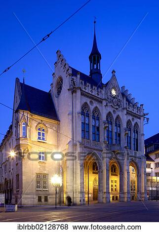 Stock Photo - City Hall at dusk, Erfurt, Thuringia, Germany, Europe, PublicGround, Europe. Fotosearch