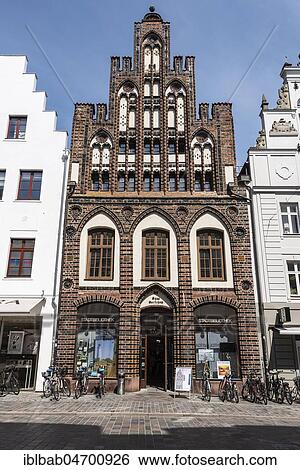 Stock Photograph - City Library, gabled house, brick building, Rostock, Mecklenburg-Western Pomerania, Germany, Europe. Fotosearch