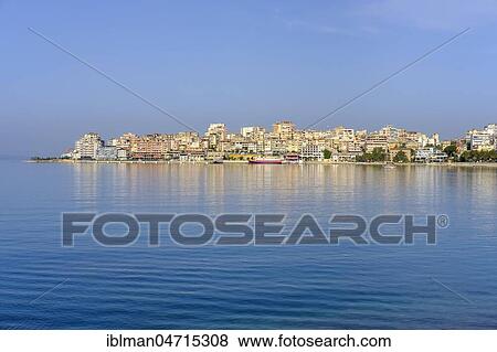 Stock Photo - City view with ferry port, Saranda, Sarandë, Qark Vlora, Ionian Sea, Albania, Europe. Fotosearch