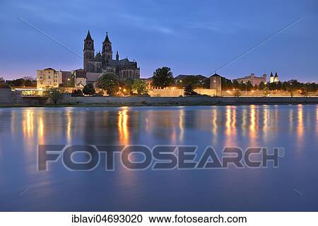 City view with Magdeburg Cathedral at the river Elbe, dusk, Magdeburg, Saxony-Anhalt, Germany, Europe View Large Photo Image Stock Image - City view with Magdeburg Cathedral at the river Elbe, dusk, Magdeburg, Saxony-Anhalt, Germany, Europe. Fotosearch