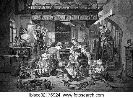 Cleaning and baking day before the holidays, historical engraving, 1883 View Large Photo Image Picture - Cleaning and baking day before the holidays, historical engraving, 1883. Fotosearch