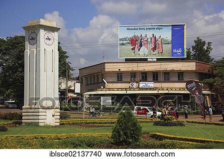 Stock Image - Clock tower in the centre of the town of Moshi, Tanzania, Africa. Fotosearch