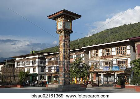 Clock tower square, town centre, capital of Thimphu, Kingdom of Bhutan, South Asia, Asia View Large Photo Image Stock Photo - Clock tower square, town centre, capital of Thimphu, Kingdom of Bhutan, South Asia, Asia. Fotosearch