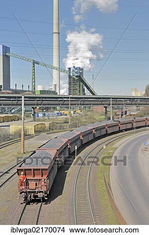 Picture - Coal train, ThyssenKrupp Steel works in Hamborn, Schwelgern, Duisburg, North Rhine-Westphalia, Germany, Europe, PublicGround, Europe. Fotosearch