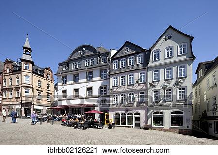 Stock Image - Commercial buildings on the market square, Upper Town, Marburg, Hesse, Germany, Europe, PublicGround, Europe. Fotosearch