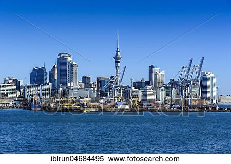 Stock Photography - Container harbour and skyline of Auckland, New Zealand, Oceania. Fotosearch