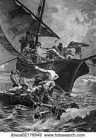 Stock Photo - Coral fishermen, historic engraving of 1883. Fotosearch