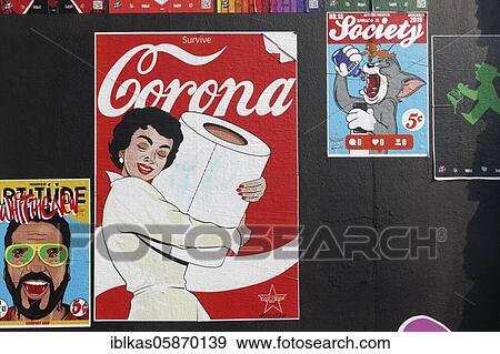 Corona, woman hugging toilet paper roll, satirical poster of streetart artist R. F. Art, Düsseldorf, North Rhine-Westphalia, Germany, Europe View Large Photo Image Stock Photo - Corona, woman hugging toilet paper roll, satirical poster of streetart artist R. F. Art, Düsseldorf, North Rhine-Westphalia, Germany, Europe. Fotosearch