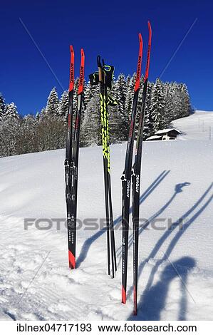 Stock Image - Cross-country skis are stuck in the snow, Reit im Winkl, Chiemgau, Bavaria. Fotosearch