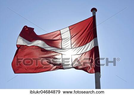 Stock Photo - Danish flag in the wind, blue sky, Denmark, Europe. Fotosearch