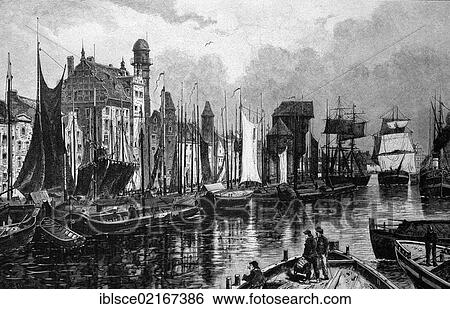 Stock Photograph - Danzig in 1880, historical engraving, 1880. Fotosearch