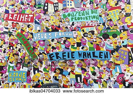 Stock Image - Demonstration for Freedom, wall painting on German Unity by Fischer-Art, Brühlarkaden, Leipzig, Saxony, Germany, Europe. Fotosearch