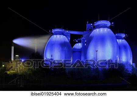 Digester towers illuminated at night, Bochum, North Rhine-Westphalia, Germany, Europe View Large Photo Image Picture - Digester towers illuminated at night, Bochum, North Rhine-Westphalia, Germany, Europe. Fotosearch