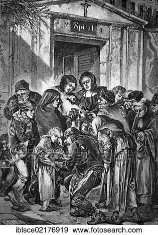 Distributing soup in front of a monastery in Vienna, Austria, historic engraving of 1883, Europe View Large Photo Image Stock Photo - Distributing soup in front of a monastery in Vienna, Austria, historic engraving of 1883, Europe. Fotosearch