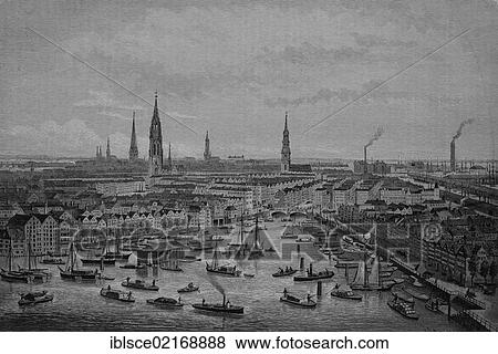 Stock Photo - District to be redeveloped for the construction of the free Port of Hamburg, Butenkajen, Kehrwieder, Germany, historical engraving, 1883, Europe. Fotosearch