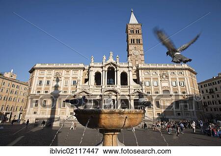 Dove landing on the fountain opposite the façade of Santa Maria Maggiore, Rome, Italy, Europe View Large Photo Image Stock Photo - Dove landing on the fountain opposite the façade of Santa Maria Maggiore, Rome, Italy, Europe. Fotosearch