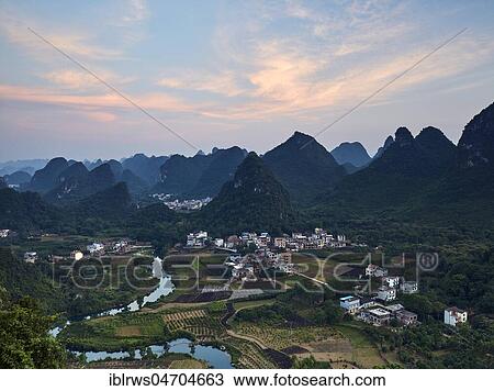 Stock Image - Dusk over the Li River, Cuiping mountain, Guilin, China, Asia. Fotosearch