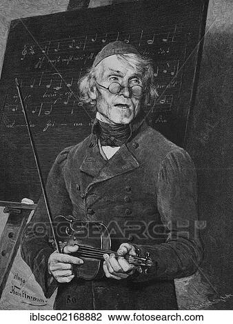 Stock Image - Elderly music teacher holding a violin, historical engraving, 1883. Fotosearch