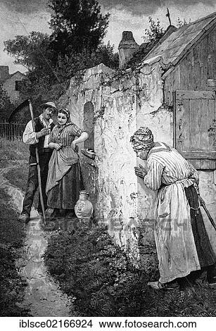 Elderly woman eavesdropping on a couple, historical wood engraving, 1886 View Large Photo Image Picture - Elderly woman eavesdropping on a couple, historical wood engraving, 1886. Fotosearch