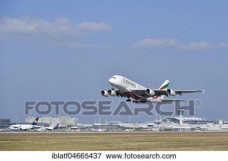 Emirates, Airbus, A380-800, Start, Runway South, in the back Terminal 1 with Tower, Munich Airport, Upper Bavaria, Bavaria, Germany, Europe View Large Photo Image Stock Photo - Emirates, Airbus, A380-800, Start, Runway South, in the back Terminal 1 with Tower, Munich Airport, Upper Bavaria, Bavaria, Germany, Europe. Fotosearch