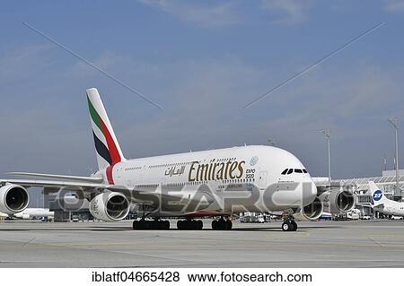 Emirates, Airbus, A380-800, taxiing to parking position, Terminal 1, Munich Airport, Upper Bavaria, Germany, Europe View Large Photo Image Stock Photo - Emirates, Airbus, A380-800, taxiing to parking position, Terminal 1, Munich Airport, Upper Bavaria, Germany, Europe. Fotosearch