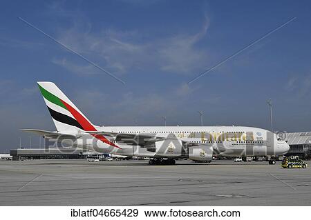 Emirates, Airbus, A380-800, taxiing to parking position, Terminal 1, Munich Airport, Upper Bavaria, Germany, Europe View Large Photo Image Stock Photo - Emirates, Airbus, A380-800, taxiing to parking position, Terminal 1, Munich Airport, Upper Bavaria, Germany, Europe. Fotosearch