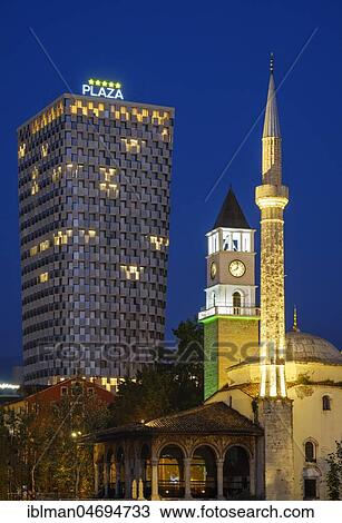 Ethem-Bey Mosque, Clock Tower and TID Tower Hotel Plaza, night view, Tirana, Albania, Europe View Large Photo Image Stock Image - Ethem-Bey Mosque, Clock Tower and TID Tower Hotel Plaza, night view, Tirana, Albania, Europe. Fotosearch