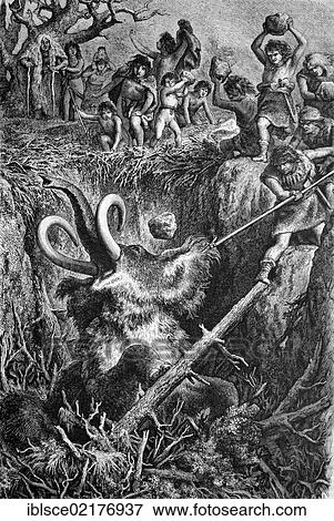 Stock Photo - European cavemen hunting a mammoth, historic engraving of 1883. Fotosearch