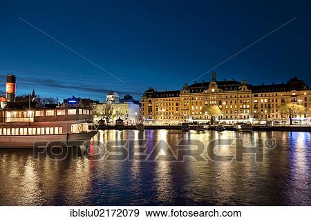 Stock Photo - Evening view of Nybroviken and Strandvaegen, Oestermalm, Stockholm, Sweden, Scandinavia, Europe. Fotosearch