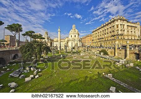 Stock Image - Excavation site, Foro Traiano, Trajan's Forum, with Trajan's Column in front of the Vittorio Emanuele II Monument, Rome, Italy, Europe. Fotosearch