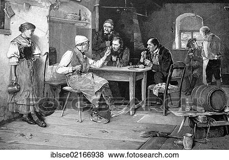 Stock Photo - Farmers in the pub on Sunday, historical wood engraving, 1886. Fotosearch