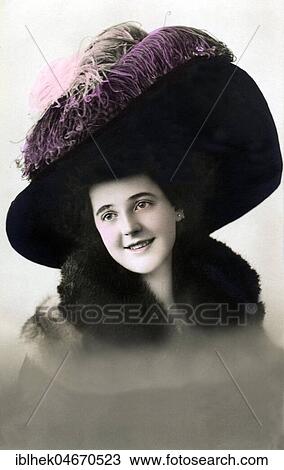 Stock Image - Fashion, hat fashion, woman with big hat, 1900s, imperial period, Germany, Europe. Fotosearch
