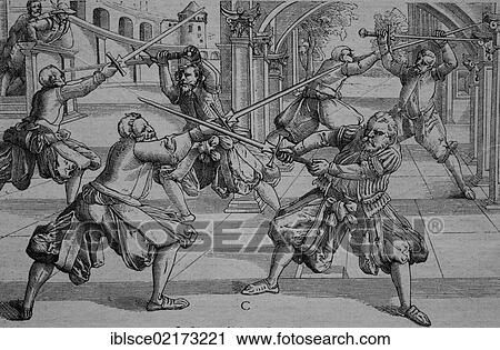 Stock Image - Fencing training with the sword of state, 1570, historical engraving, circa 1885. Fotosearch