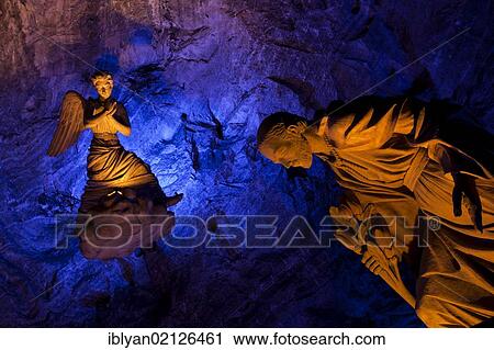 Stock Image - Figures of the Holy Family in the underground Salt Cathedral of Zipaquirá, Cundinamarca, Colombia, South America. Fotosearch