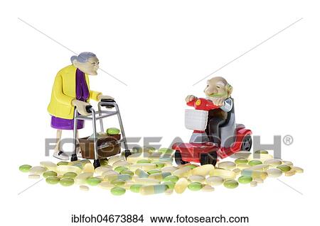 Figures, seniors with wheelchair and walker between different pills, symbol, white background View Large Photo Image Picture - Figures, seniors with wheelchair and walker between different pills, symbol, white background. Fotosearch