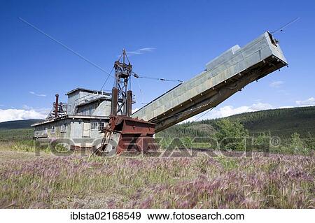 Stock Photo - Fireweed or Great Willow Herb (Epilobium angustifolium) in front of a gold dredge, a gold digging machine in Chicken, Alaska, USA, PublicGround, North America. Fotosearch