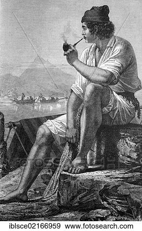 Stock Photo - Fisherman in Capri, Italy, historical wood engraving, 1886, Europe. Fotosearch